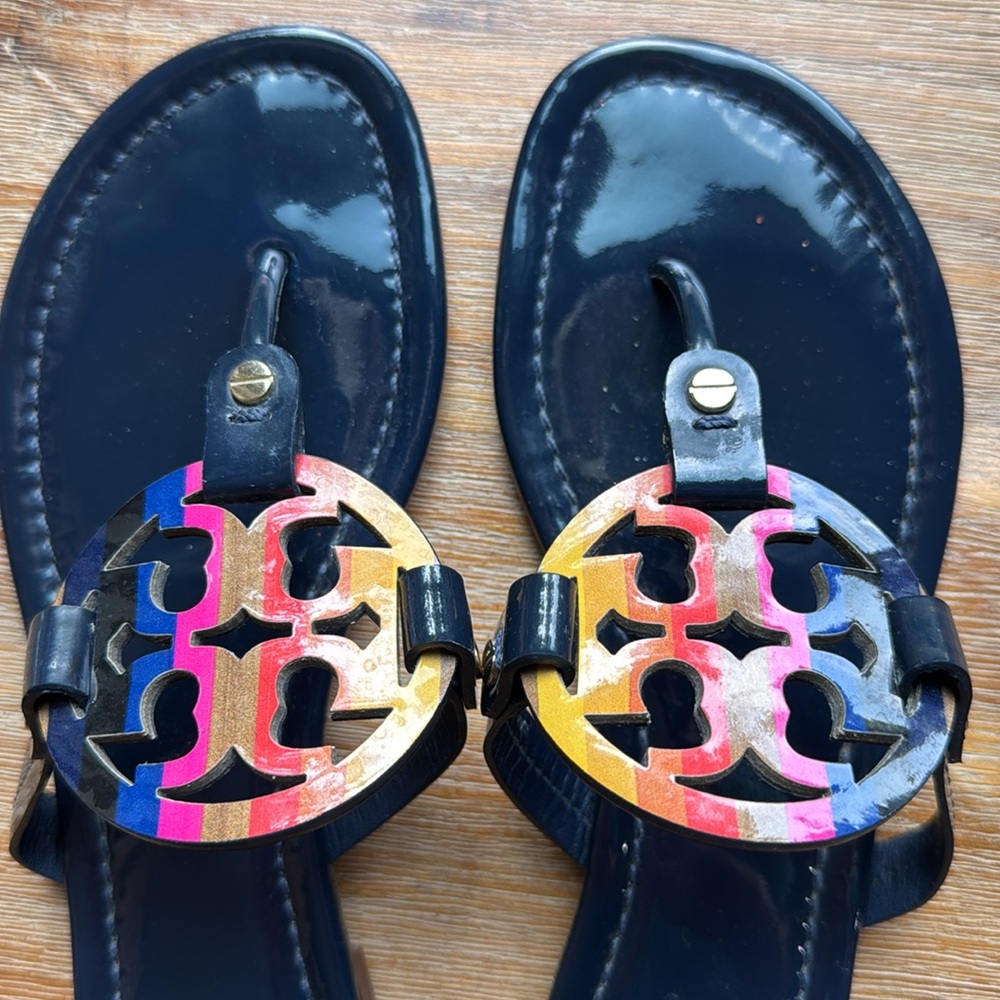 Tory Burch Navy Miller Sandals Multicolor Logo Size 8.5 - Picture 12 of 13